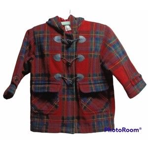 VINTAGE YOUNG GALLERY WOOL HOODED COAT, SIZE 5, PLAID W TOGGLE CLOSURES, RED